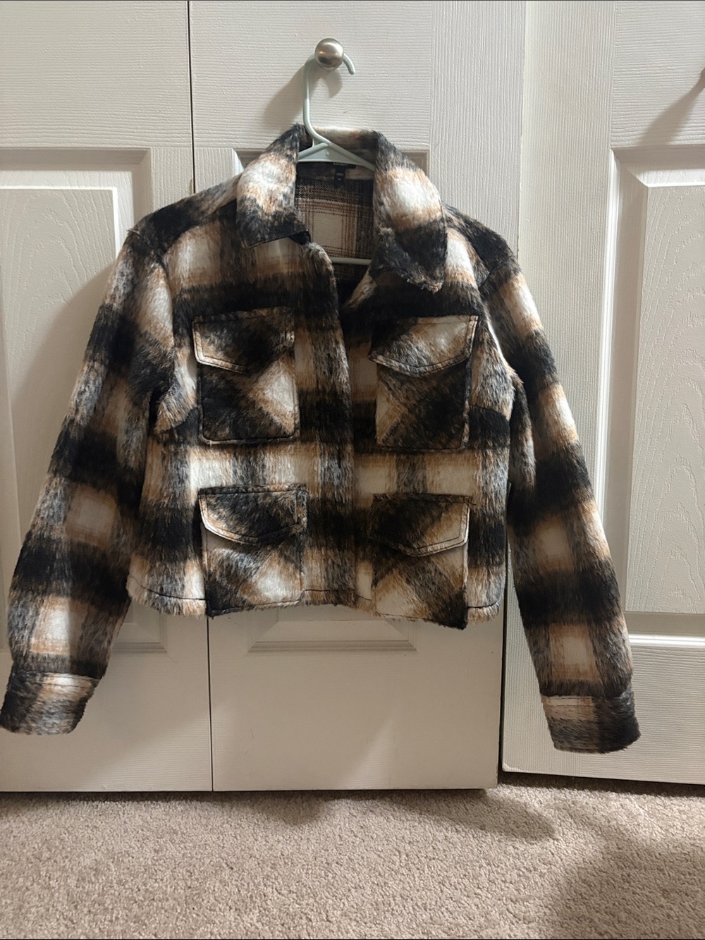 Express Plaid Teddy Jacket in Black & Cream with Brown Accents never worn